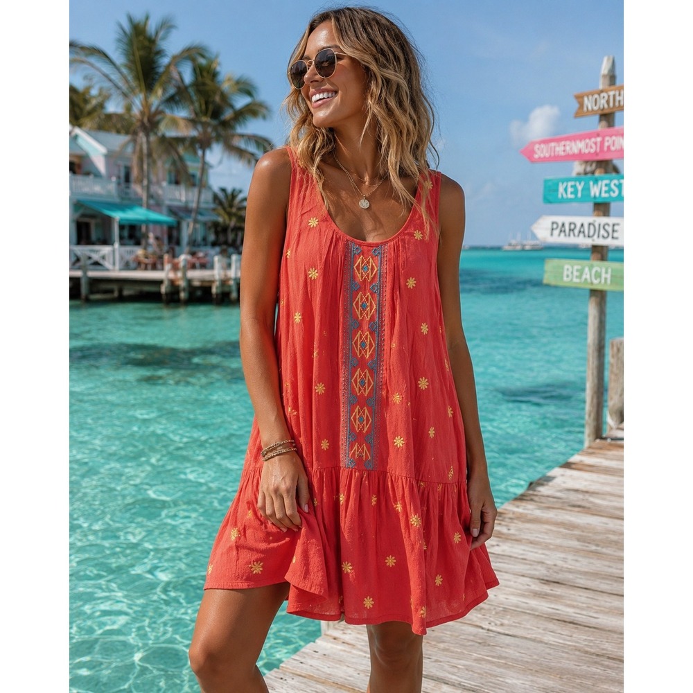 Altar'd State Boho Dress Small Coral Embroidered Gauze Swing Tunic Festival